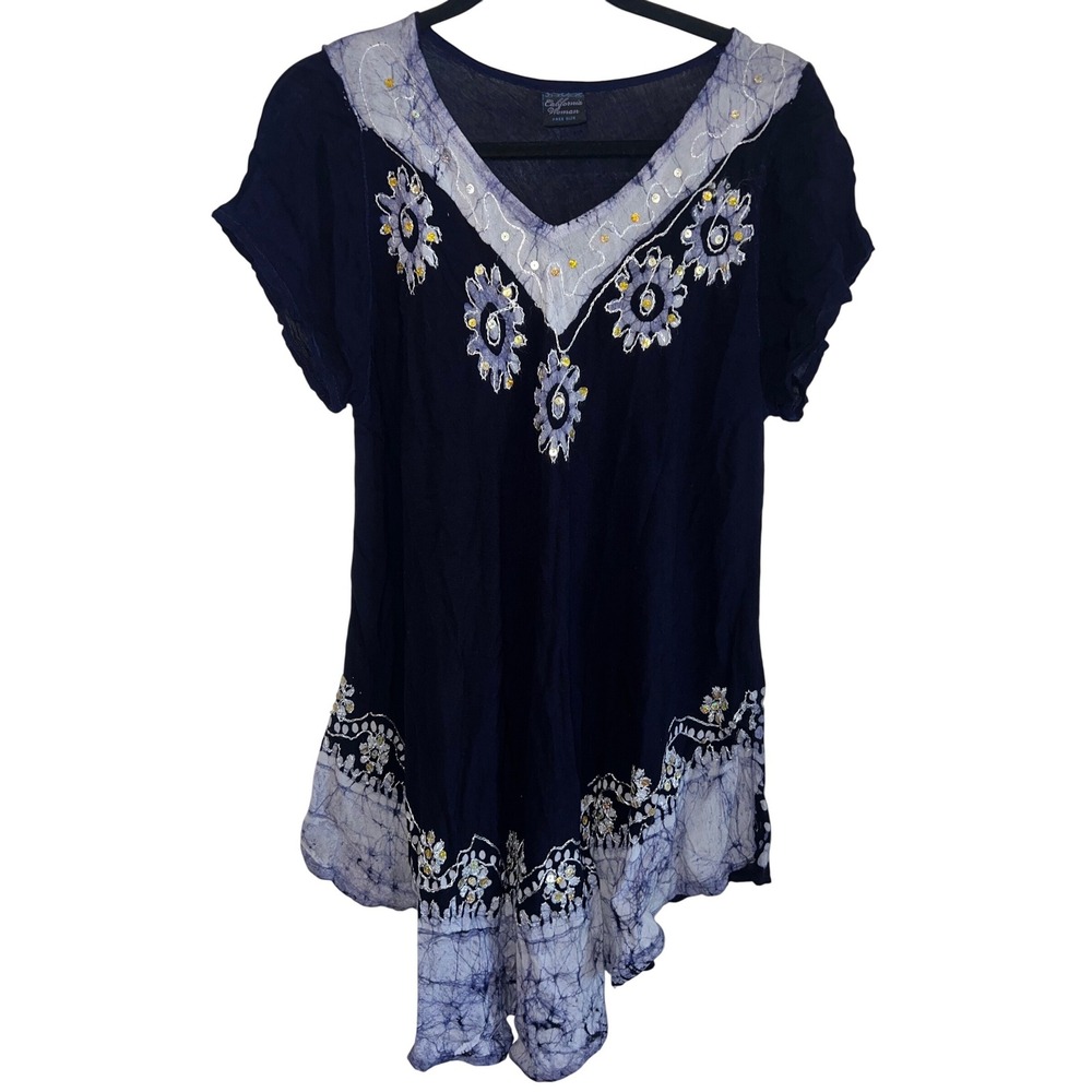 California Woman Navy Blue Batik Embroidered Sequin Sharkbite Tunic Top OS